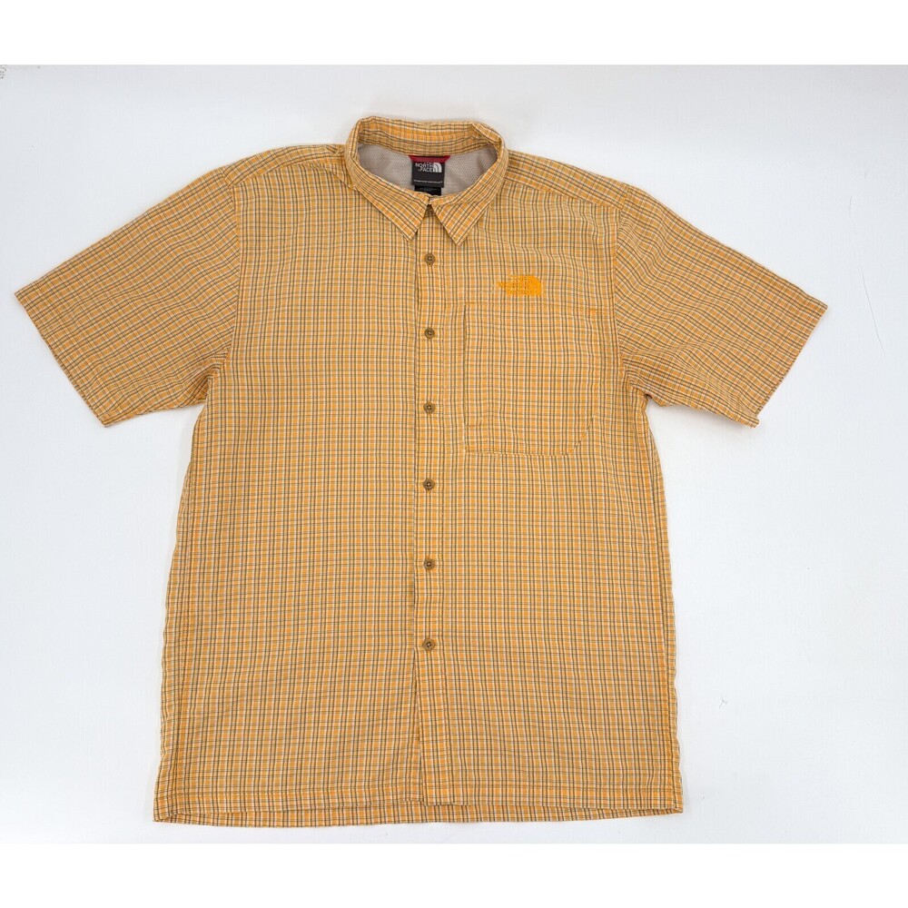 North Face Shirt Mens Small Yellow Orange Plaid Button Up Short Sleeve Outdoor